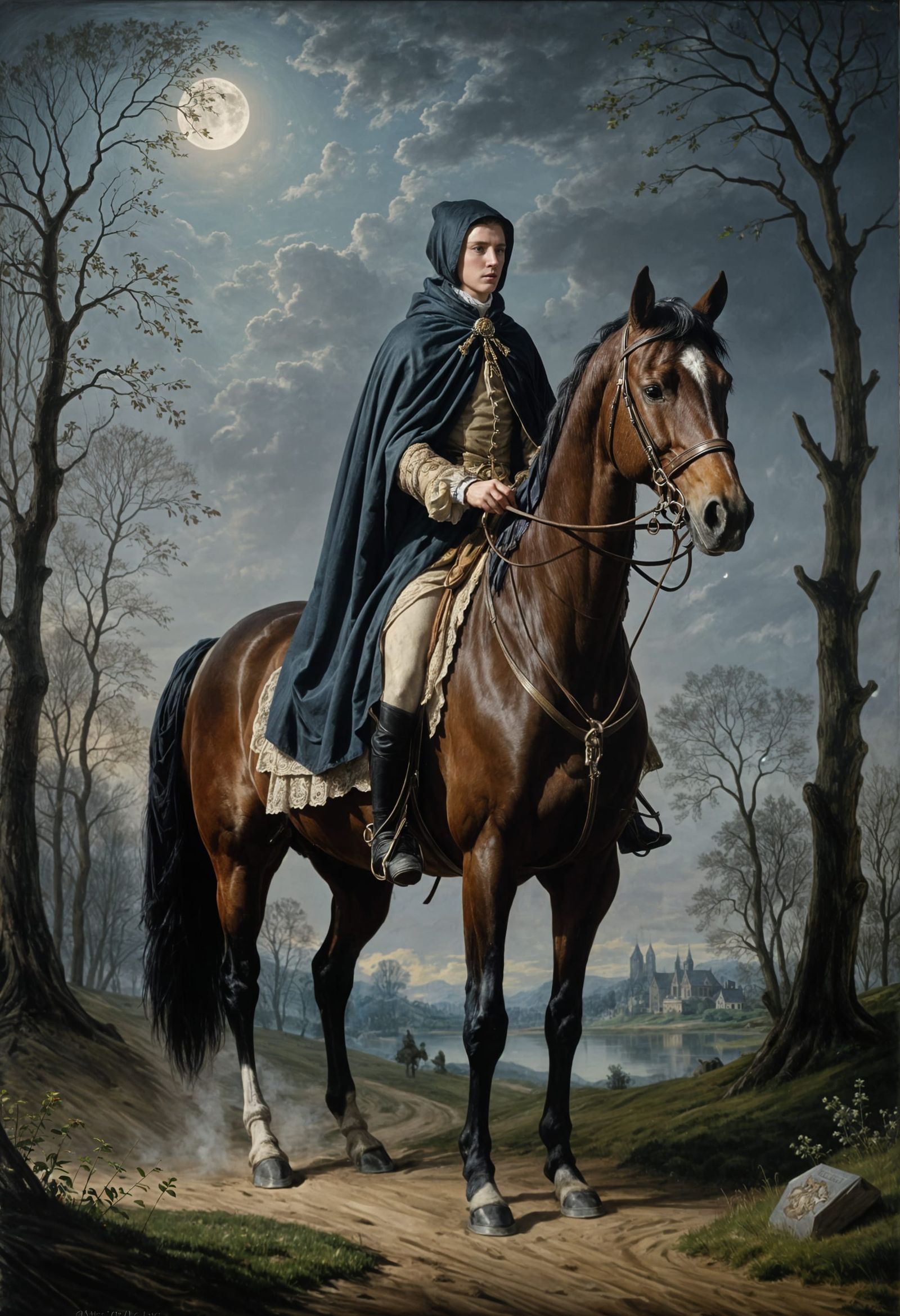 Neoclassical Equestrian Portrait in Serene Moonlit Landscape