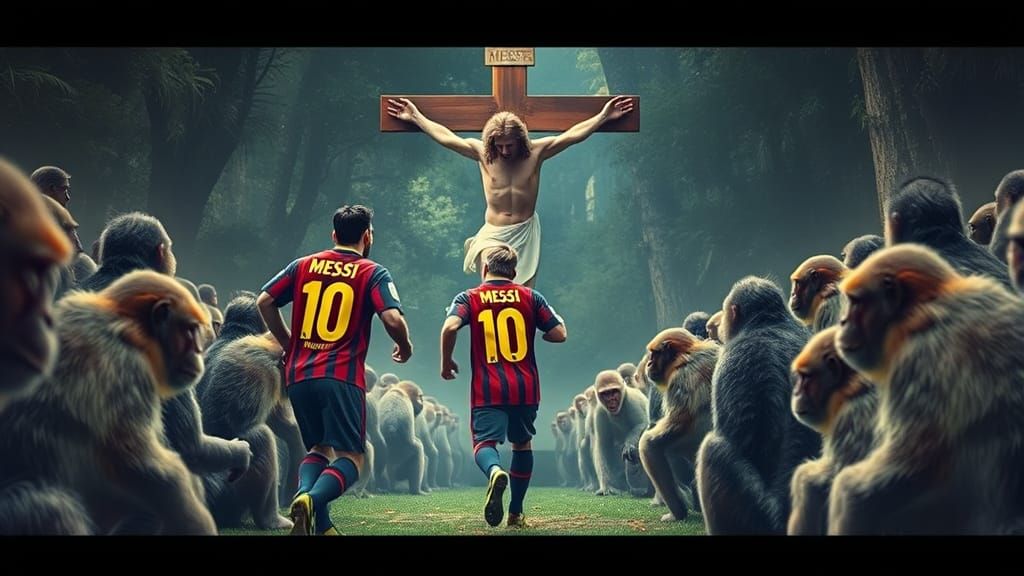 Messi's Surreal Zoo Journey to Christ, a Stylized Scene