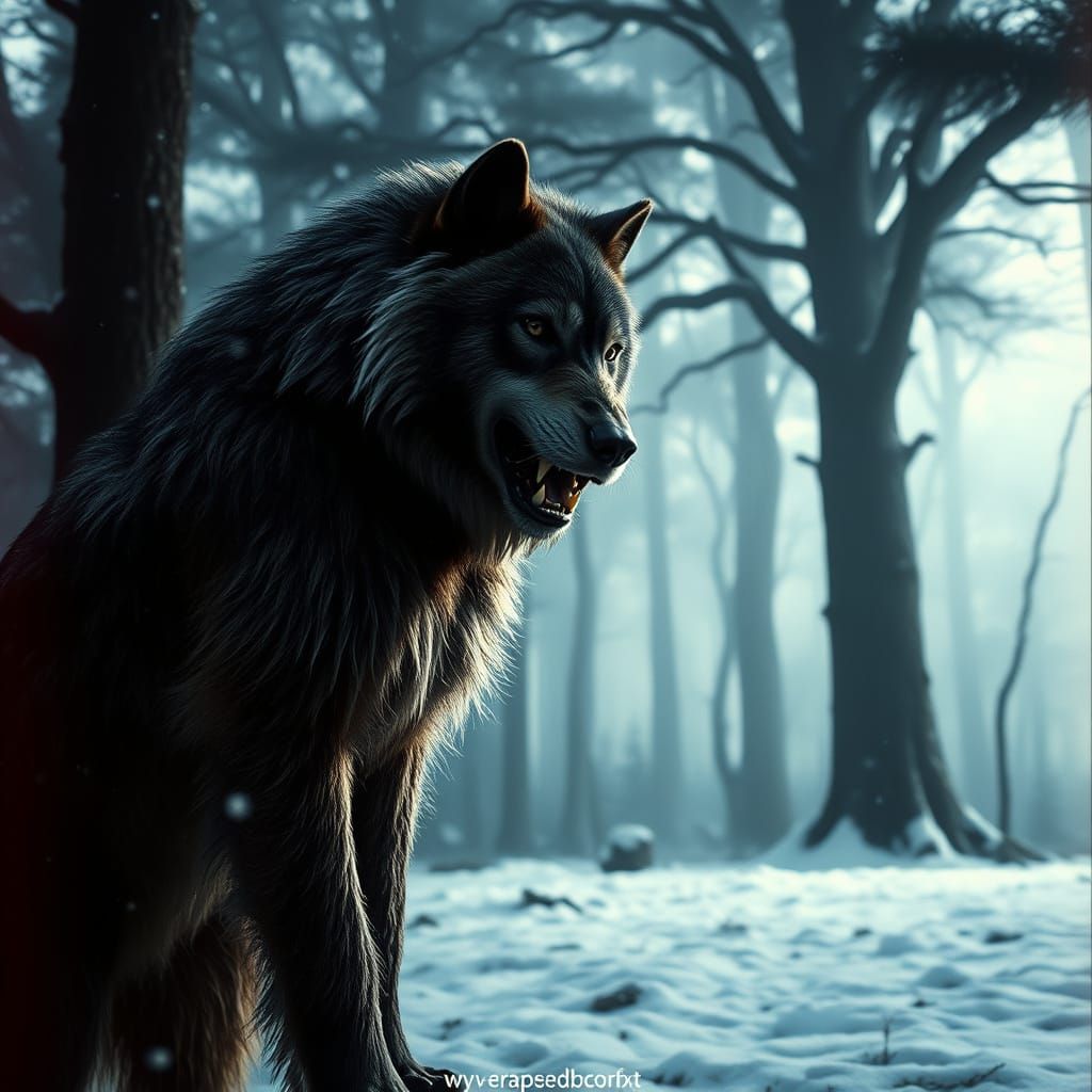Mysterious Snowy Forest Scene with a Majestic Werewolf Guard...