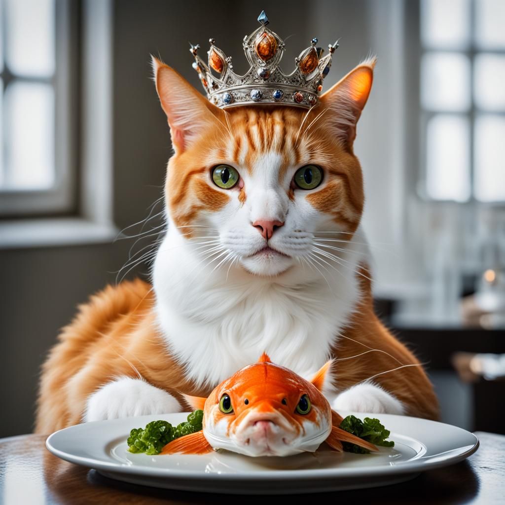 Crowned Orange Cat with Fish: Professional Portrait