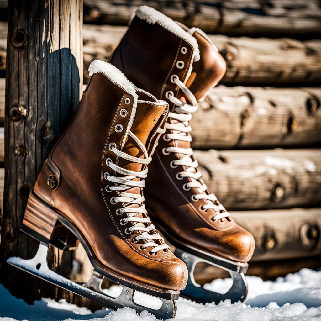 Vintage Ice Skates on Weathered Wooden Post