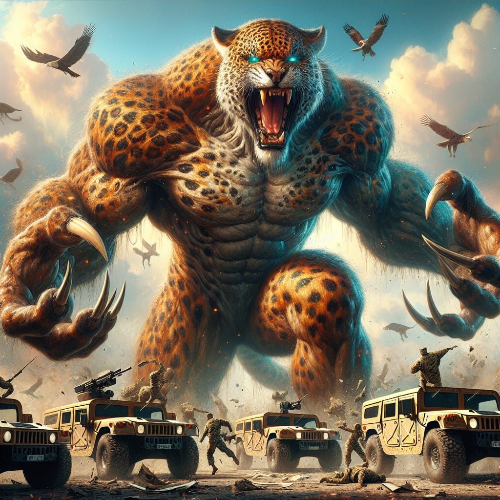 Towering Werejaguar Rending Hummers: Fantasy Concept Art
