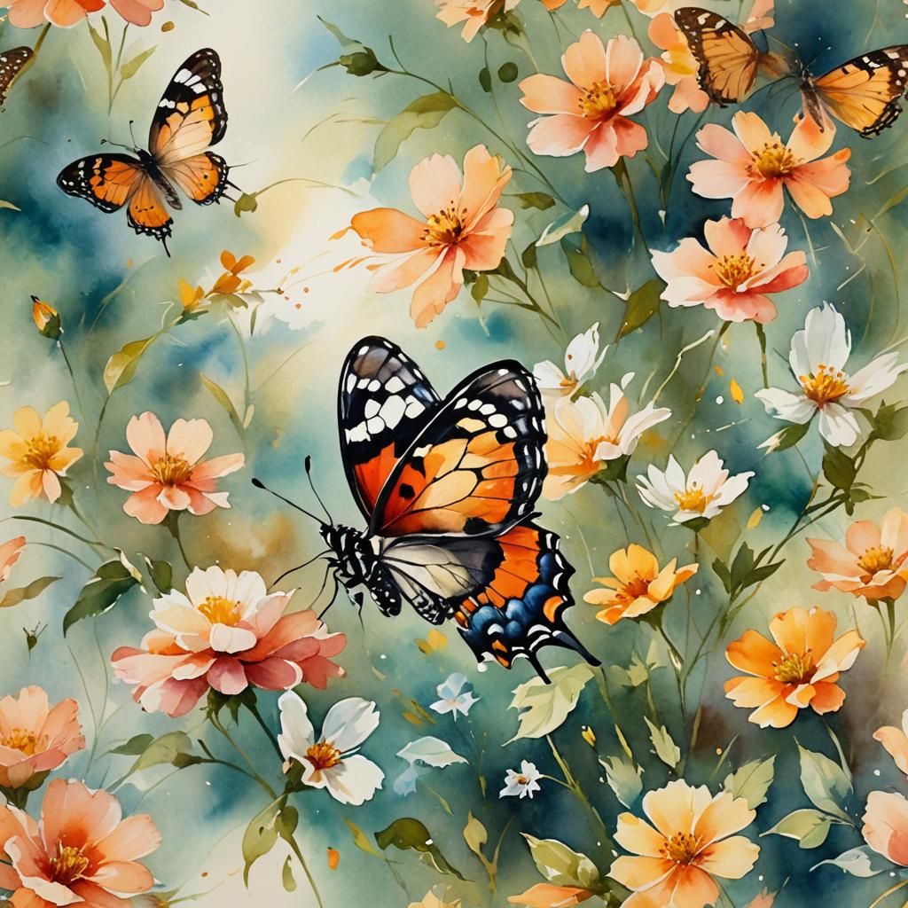 Watercolor Butterfly and Flower Impressionistic Painting