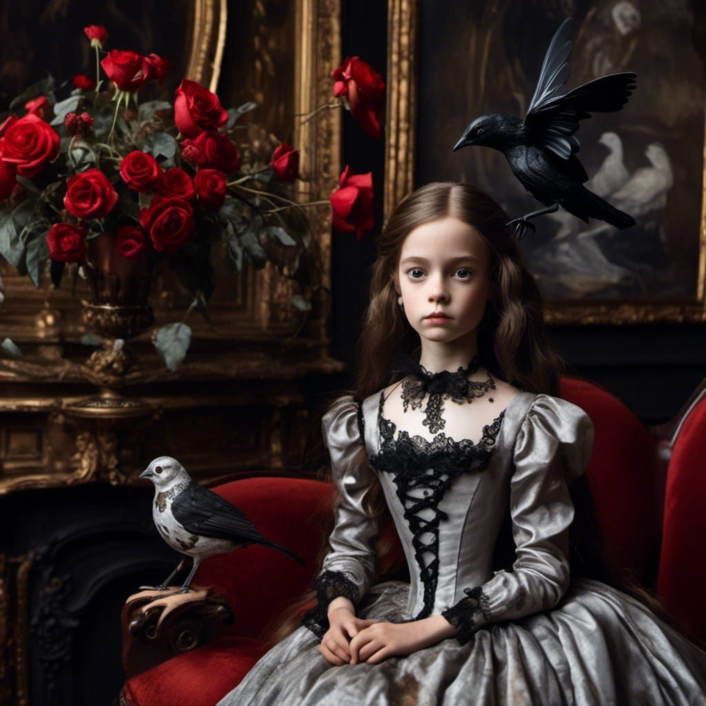 Eerie Portrait with Blackbirds and Glowing Eyes