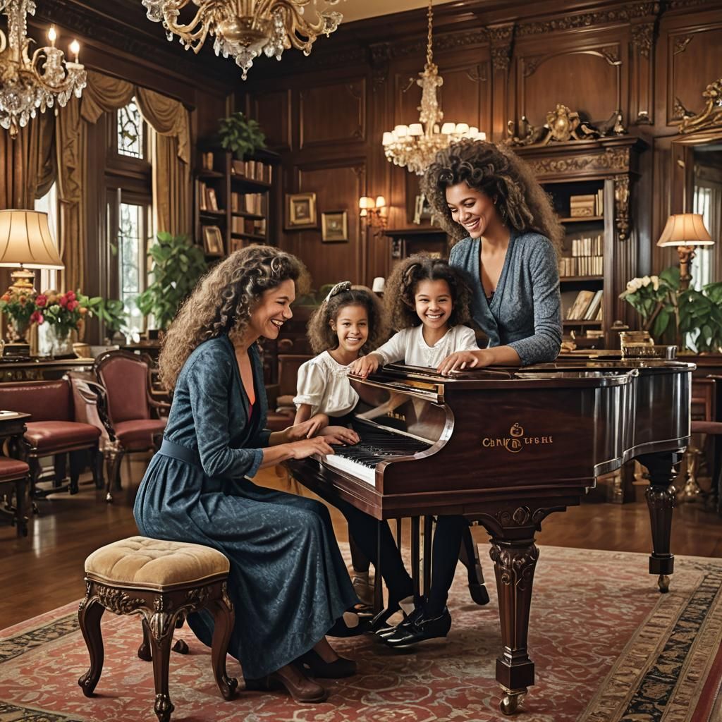 Mother and Daughter Play Piano in Dreamlike Painting