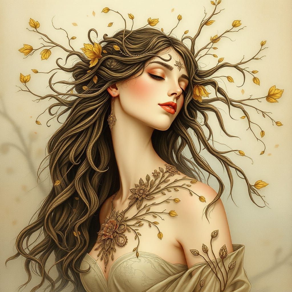 Ethereal Art Nouveau Portrait of a Mythical Driade