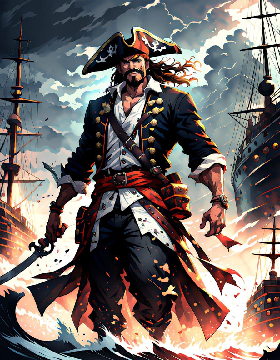 Anime Pirate with Rusty Sword in Dynamic Ink Wash Style
