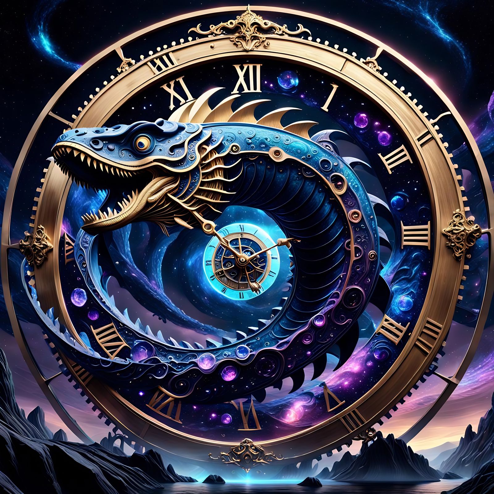 Celestial Clockwork Leviathan in Starry Night Sky
