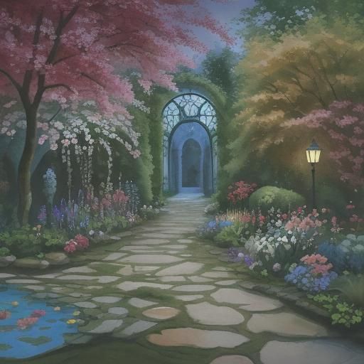 Secret Garden at Dusk: Expressionist Gouache Painting