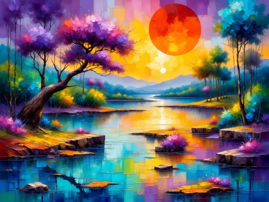 Vibrant River Reflecting Colorful Sky as Impasto Painting