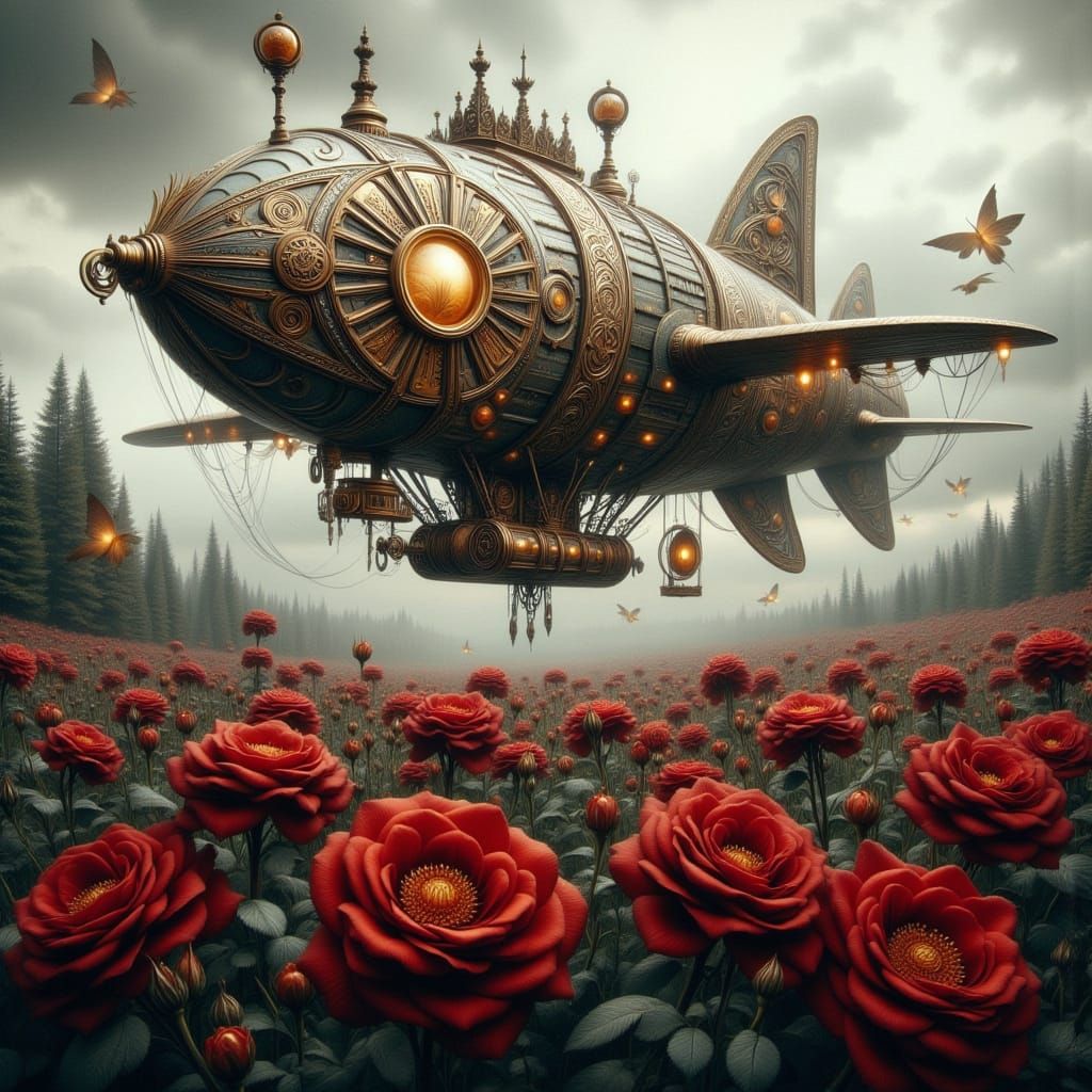 Steampunk Airship Over Gothic Roses in Ethereal Light