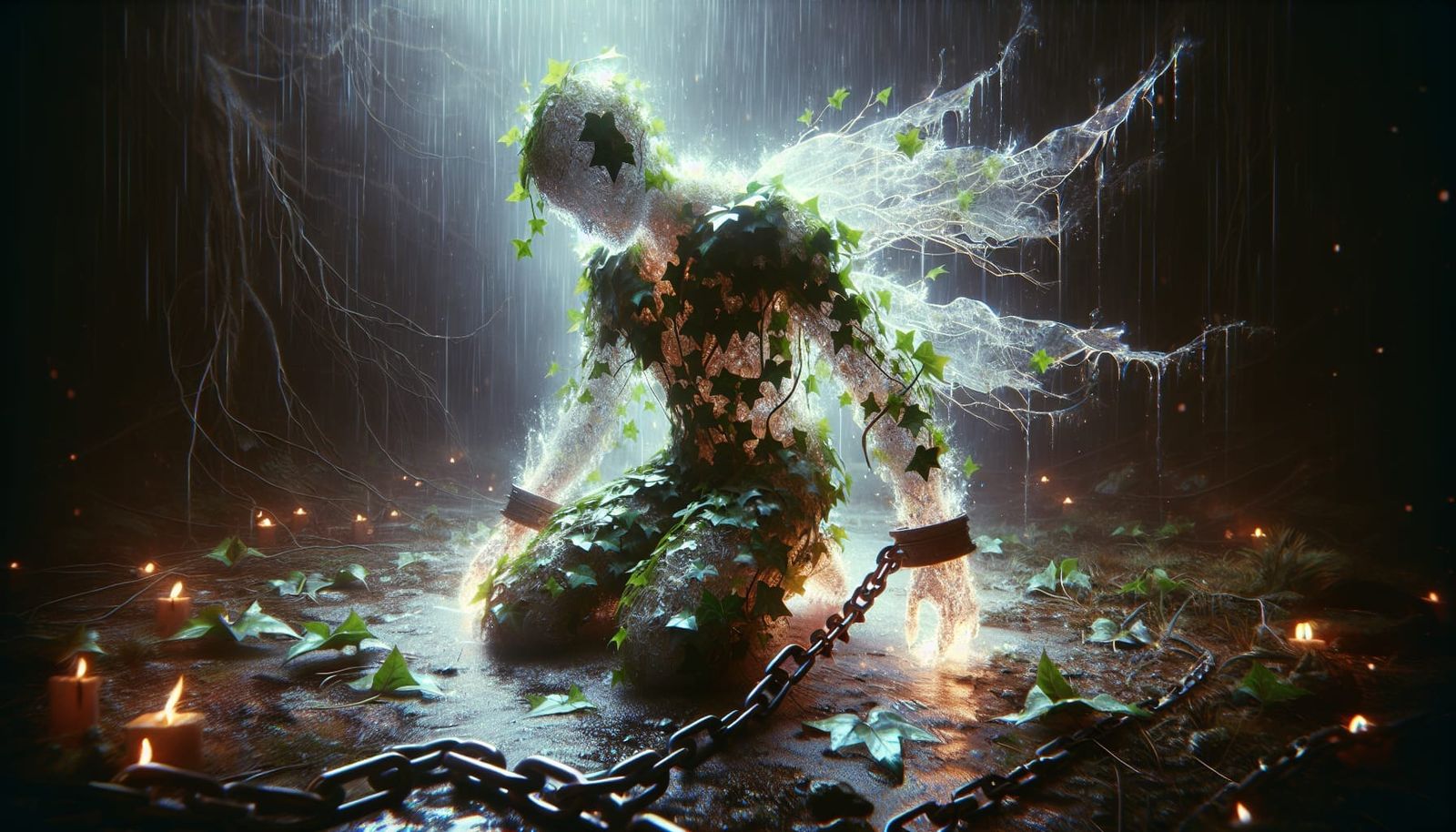 Mystical Ghostly Figure in Futuristic Swampy Landscape