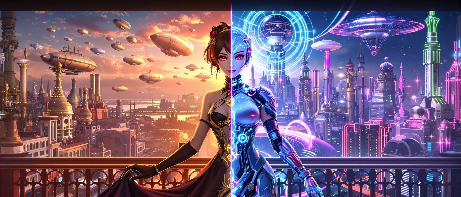 Steampunk vs Cyberpunk Anime Woman