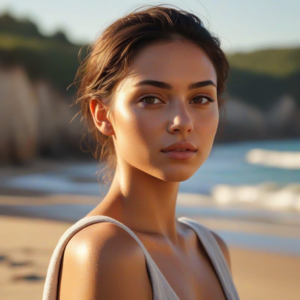 Tanned Woman on Beach in Vibrant Oil Painting