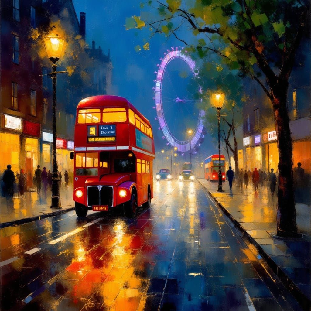 London at Night with a Classic Red Double-Decker Bus in Soft...