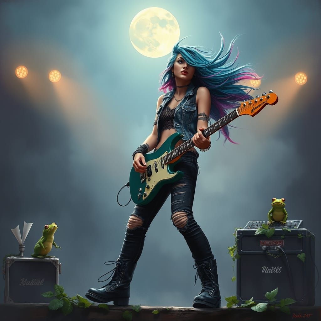 Punk Rocker Girl Performs on Surreal Stage