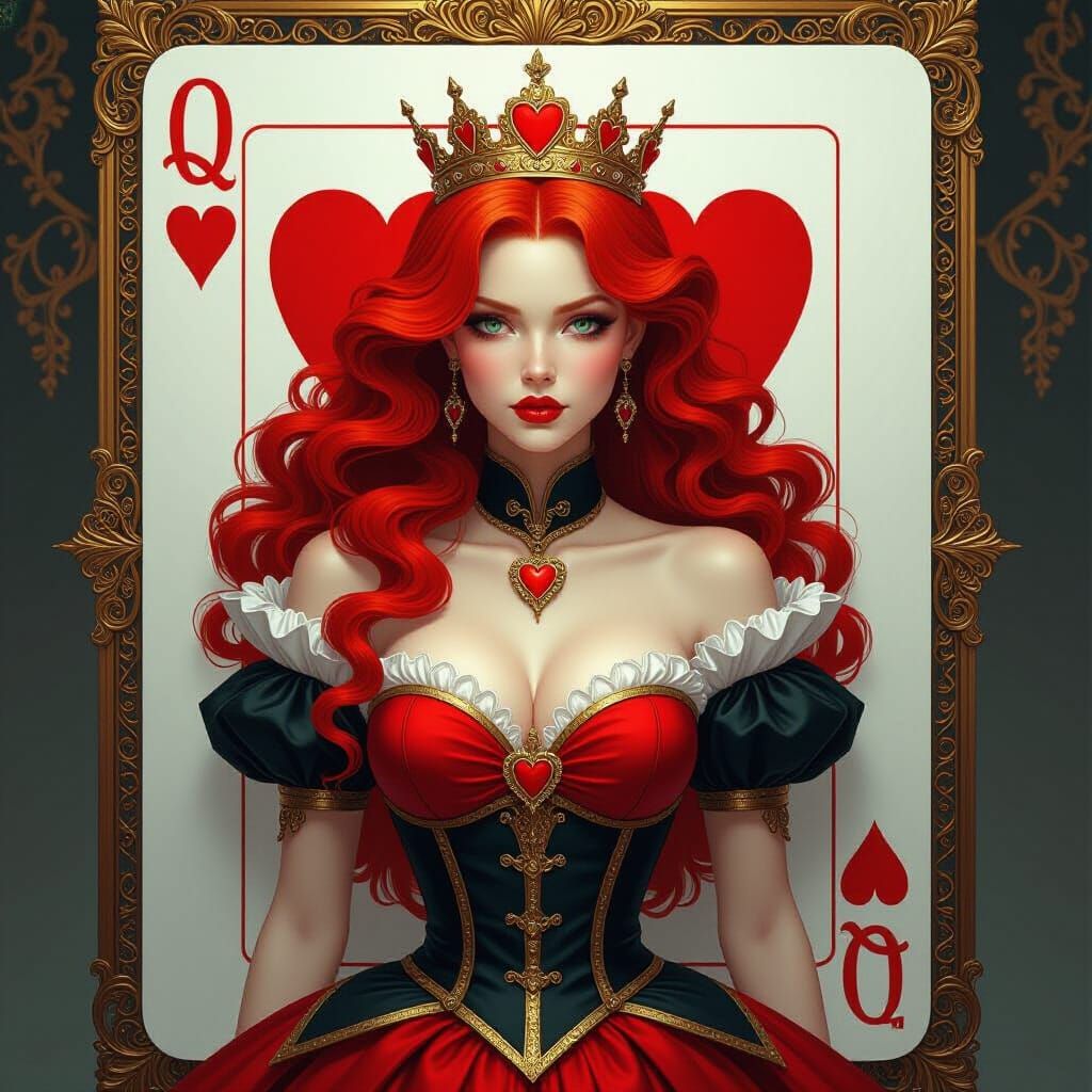 Queen of Hearts with Flowing Red Hair