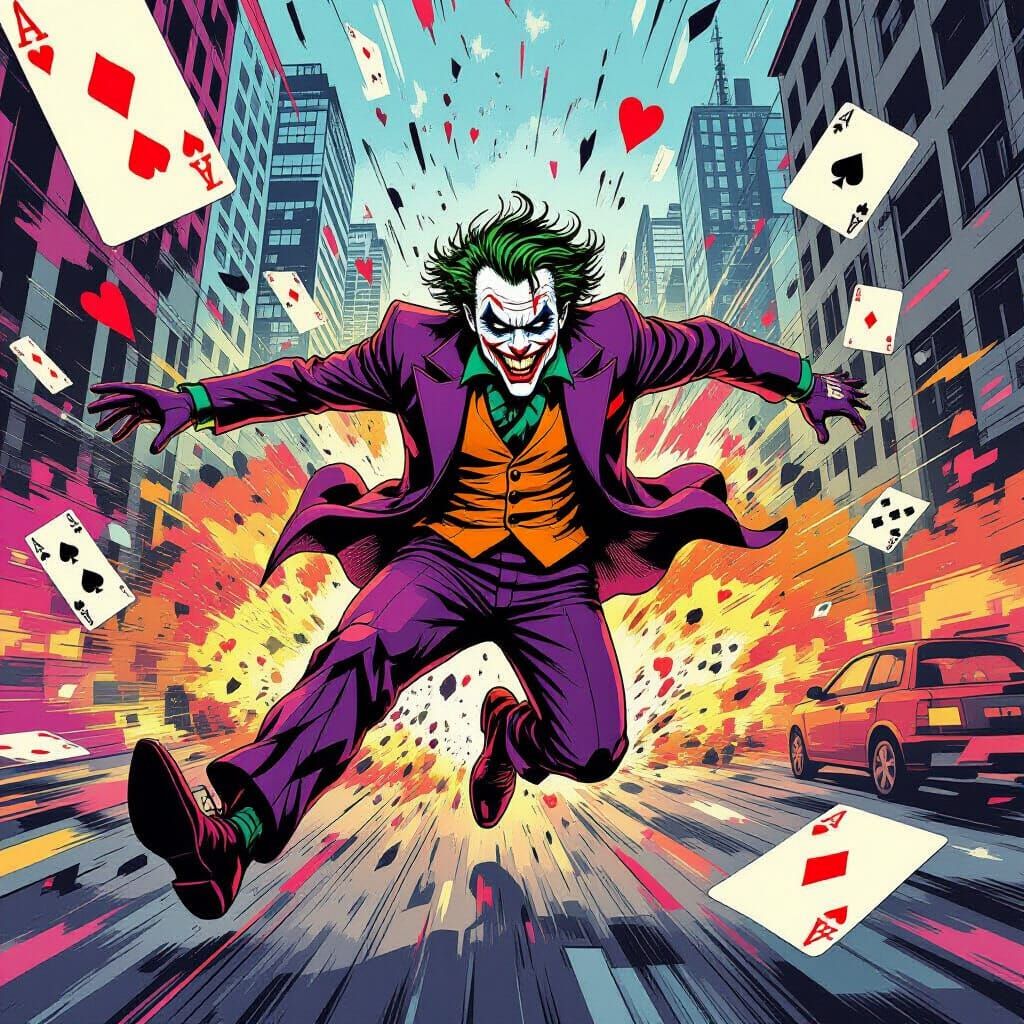 Joker's Chaotic Leap Through Surreal Card Cityscape