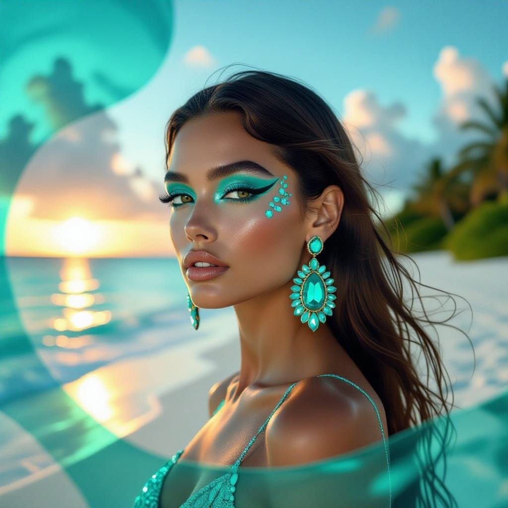 Model on Surreal Turquoise Beach in Vaporwave Style