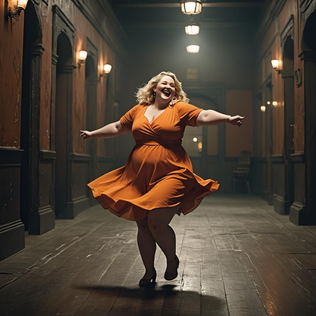 Happy Blonde Dances in Dark Hallway Painting