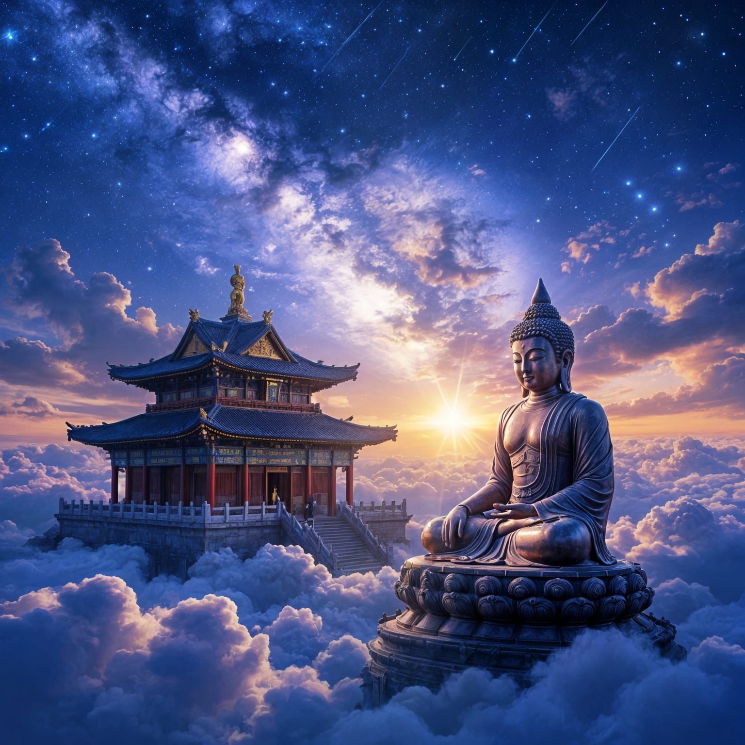 Ancient Chinese Temple and Buddha in Cosmic Sky