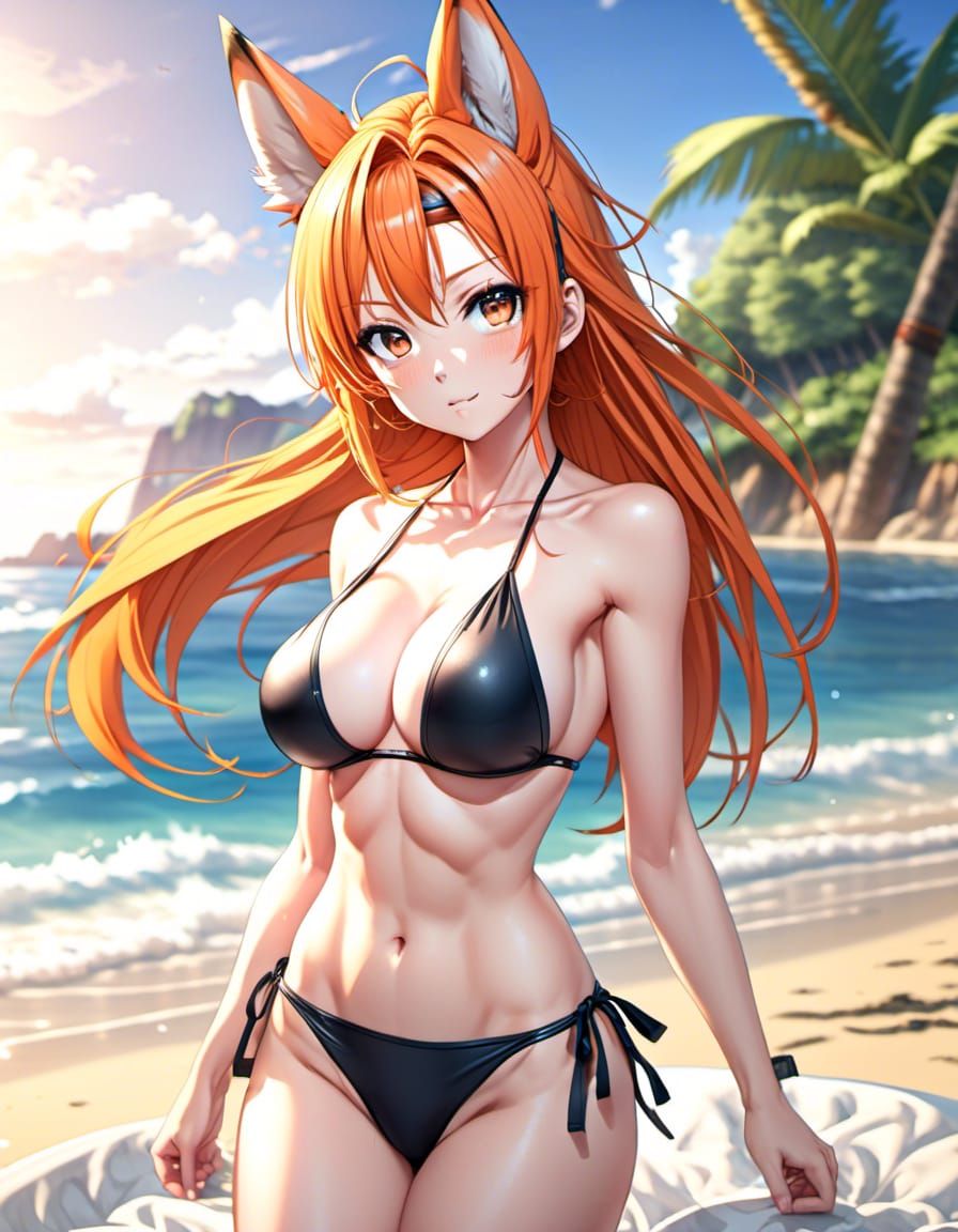 Anime Girl with Wolf Ears on Beach