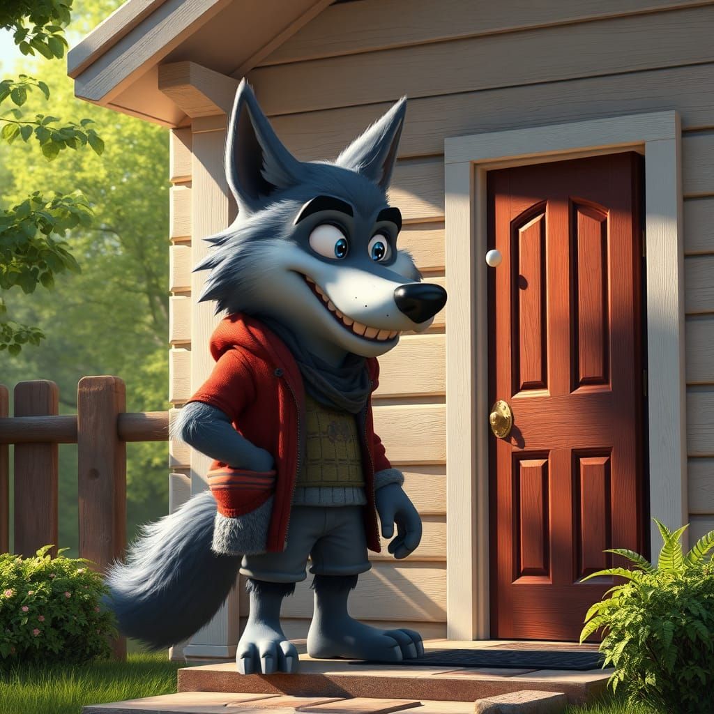 Cartoon Wolf Knocks on Door: Pixar-Style 3D Render