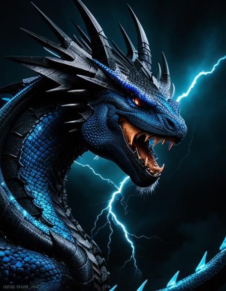 Black and Blue Dragon in Lightning Storm