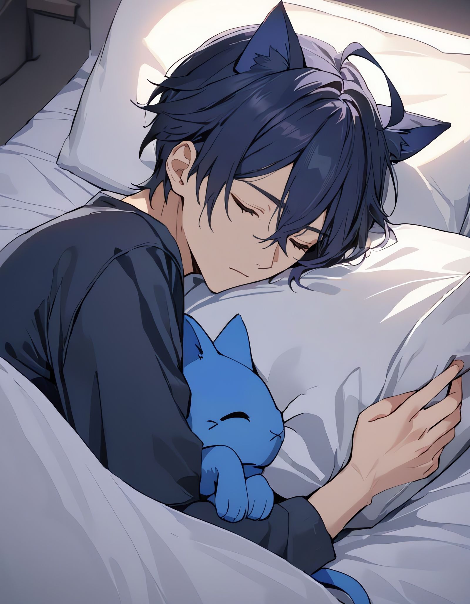 Sleeping Bishounen with Cat Ears in Bedroom