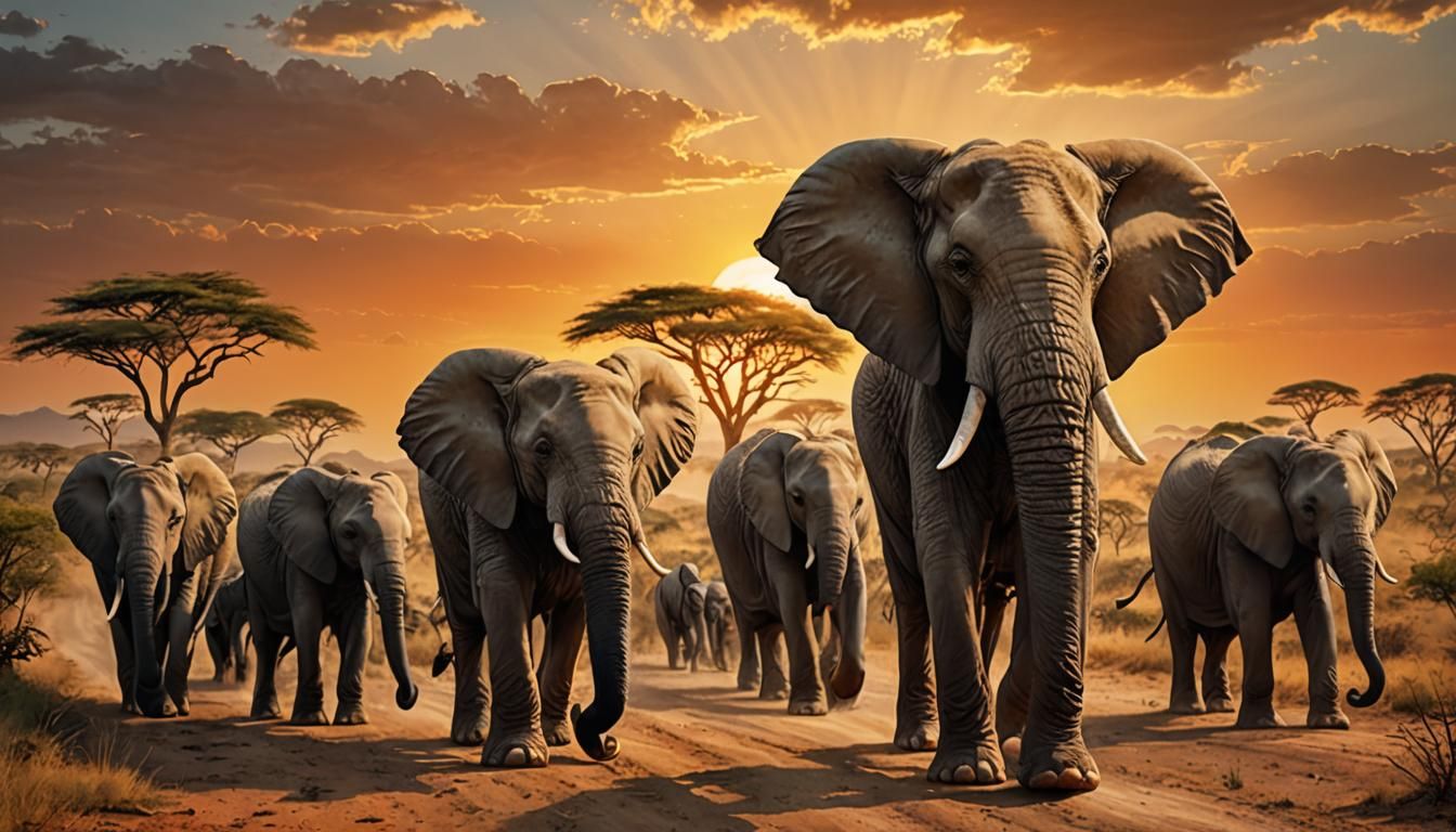 Wise Elephant Leads a Savannah Procession