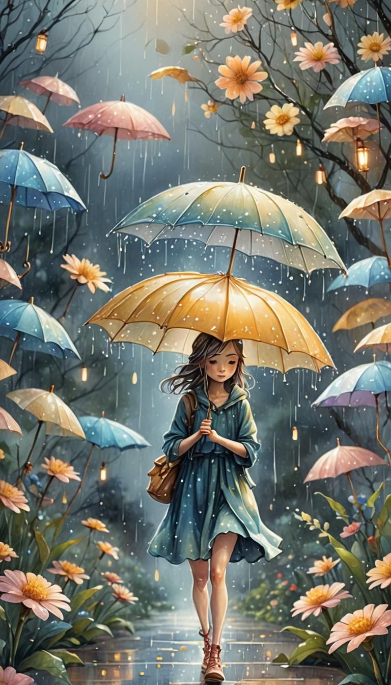 Fairy Walking in the Rain with Umbrella