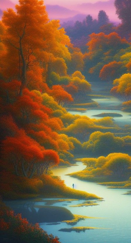 Lush River Valley Digital Painting at Sunset