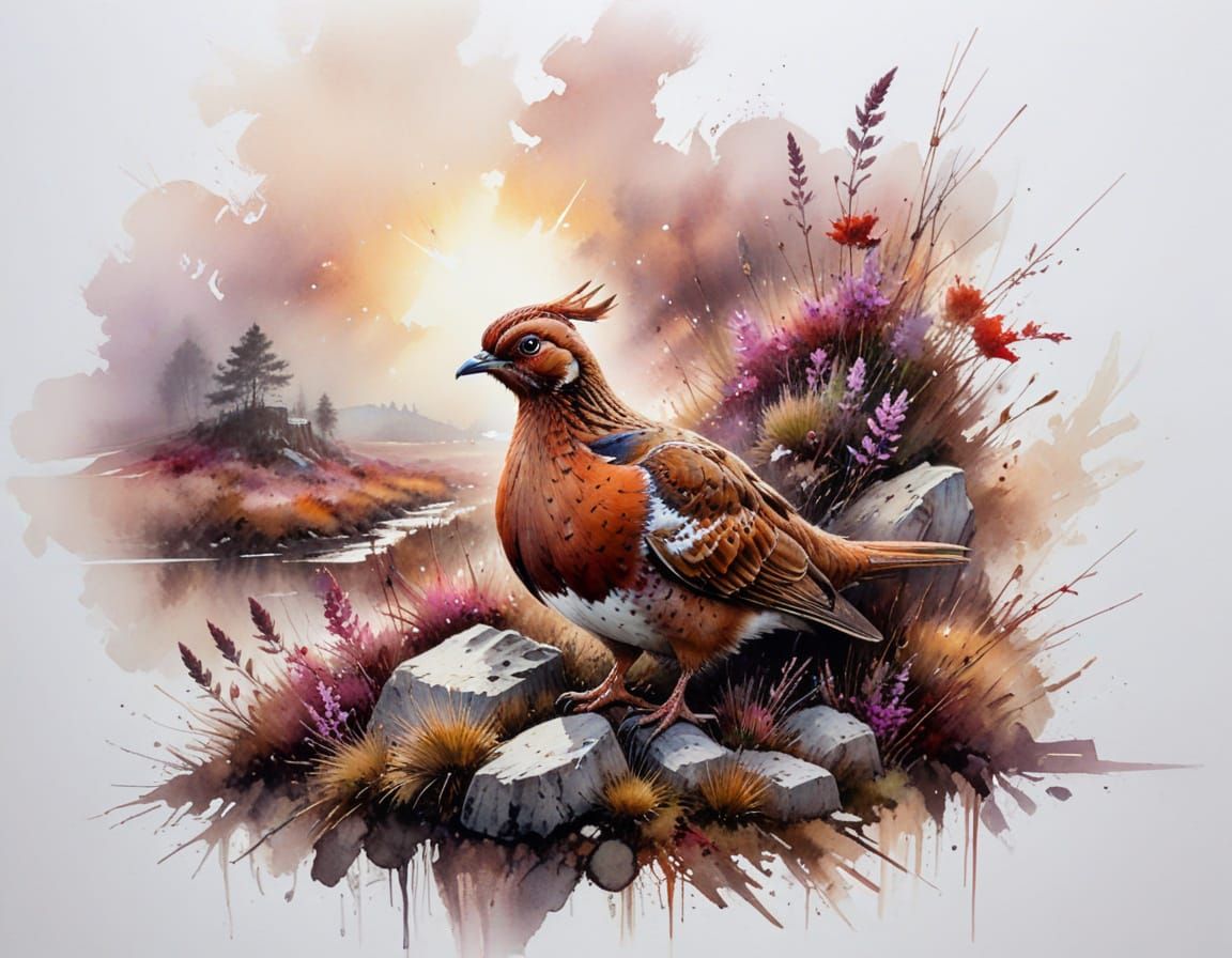 Moorland Dawn: Grouse on Wall in Ethereal Watercolour