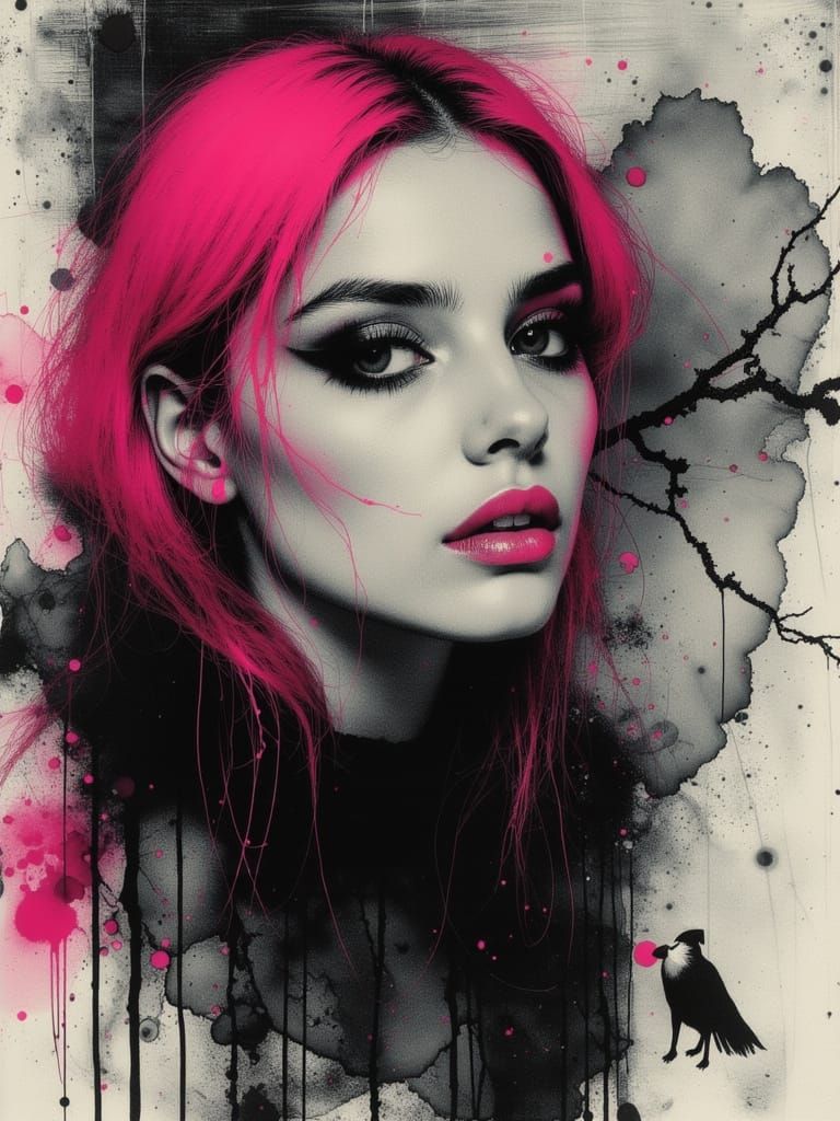 Gothic Woman with Pink Hair in Neon Grunge Style