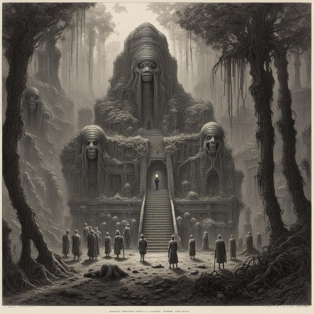 Horror Robot Temple in Jungle, Doré Style