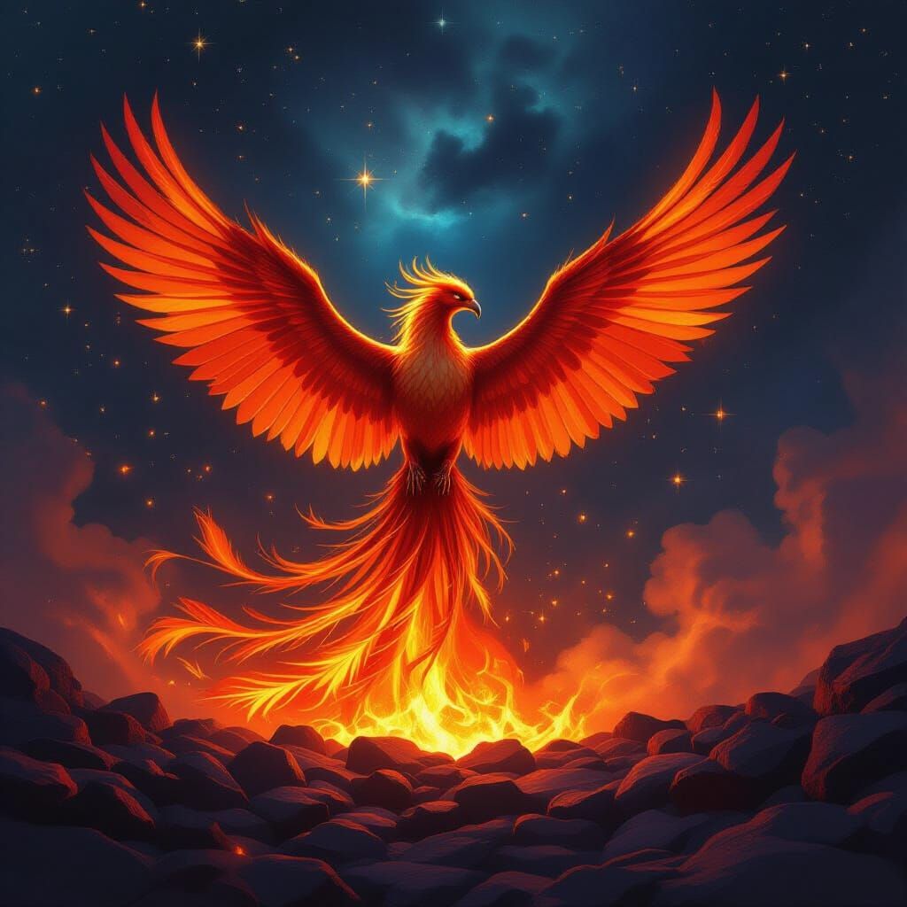Majestic Phoenix Rises from Embers in Fiery Fantasy Art