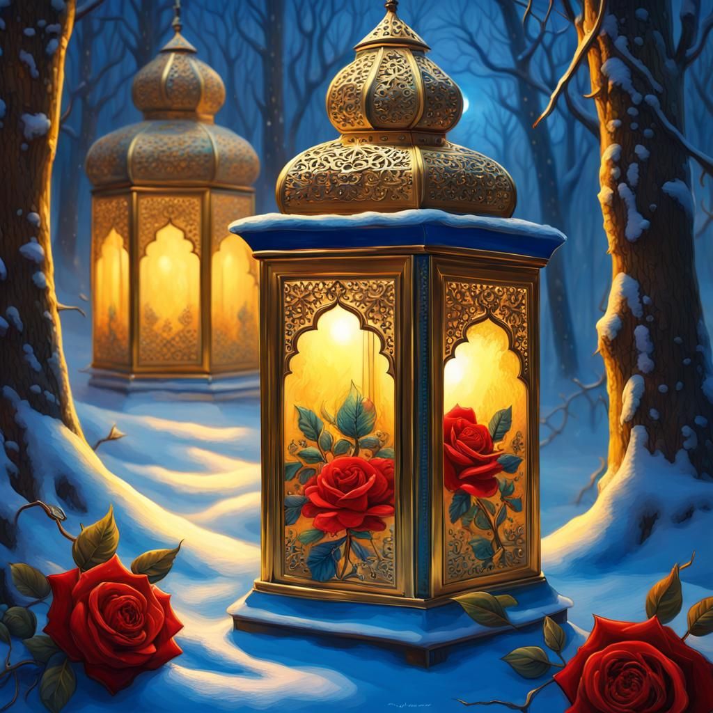 Moroccan Lantern Illuminates Winter Forest: Oil Painting