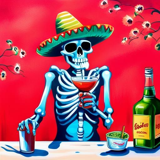 Skeleton Enjoying Margarita: Mexican Street Art Style