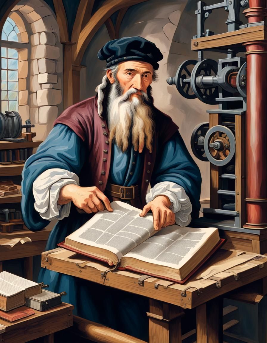 Johannes Gutenberg with a printed bible