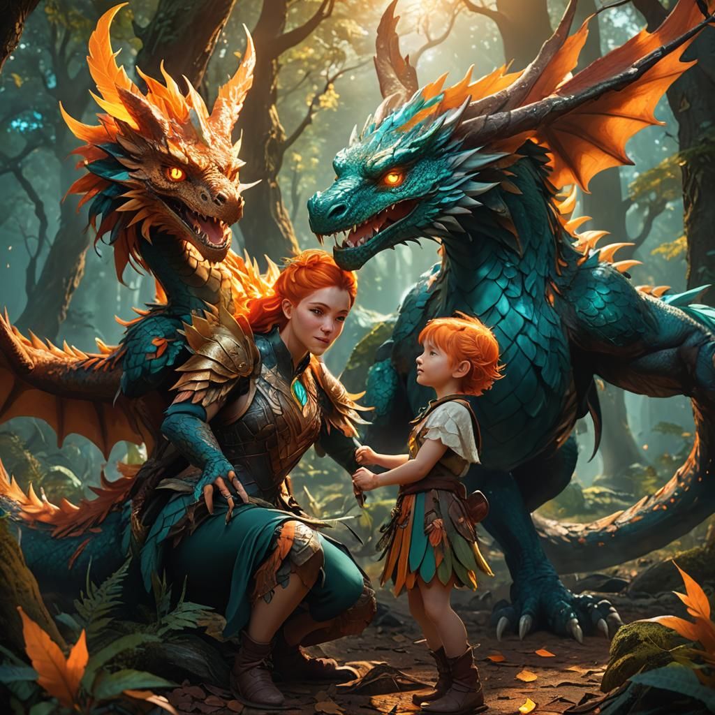 Phoenix Girl with Dragon in Mystical Forest