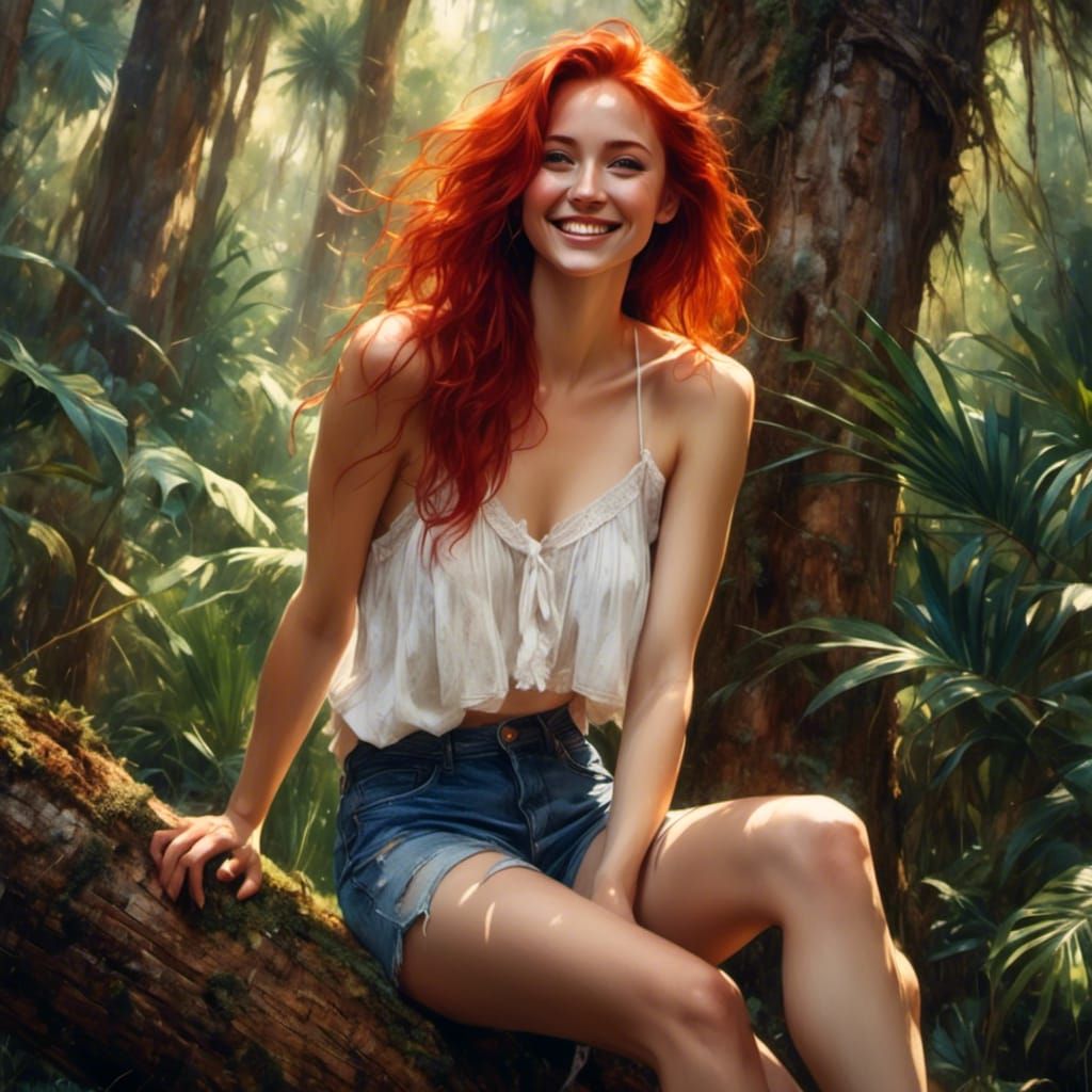 Photorealistic Portrait of Smiling Woman in Forest