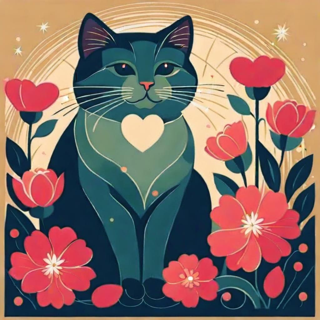 Cute Cat with Flowers in Harlem Renaissance Style