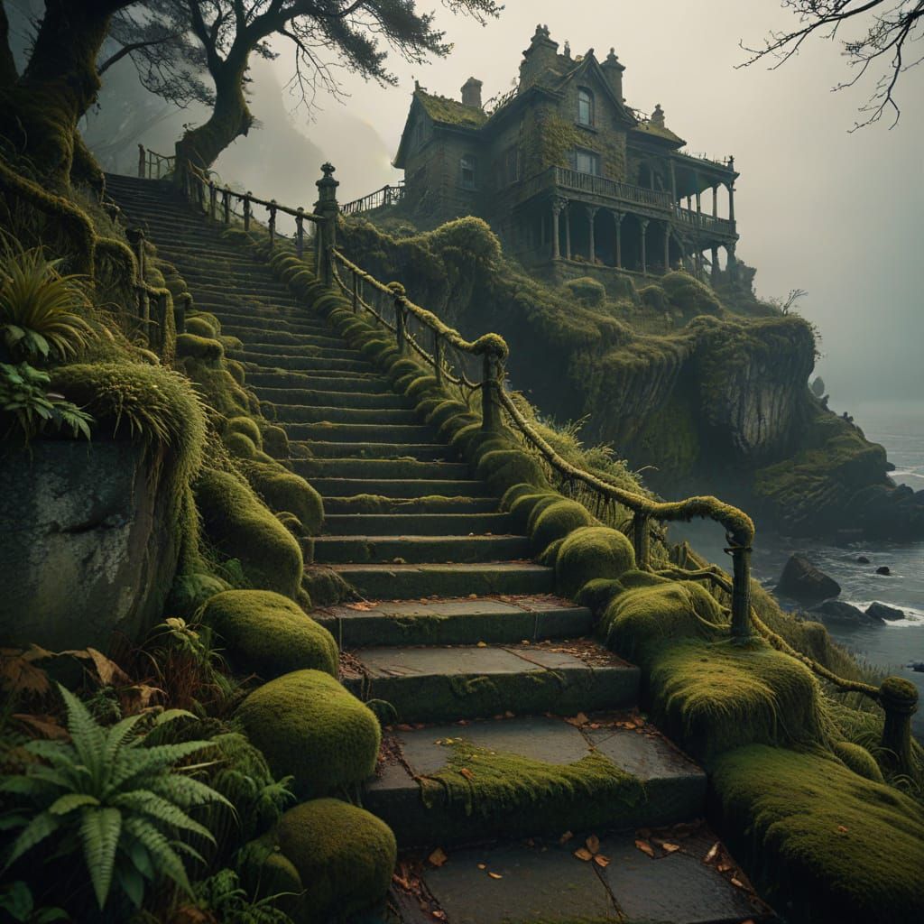 Ominous, Misty Mountain Staircase Descends to the Sea