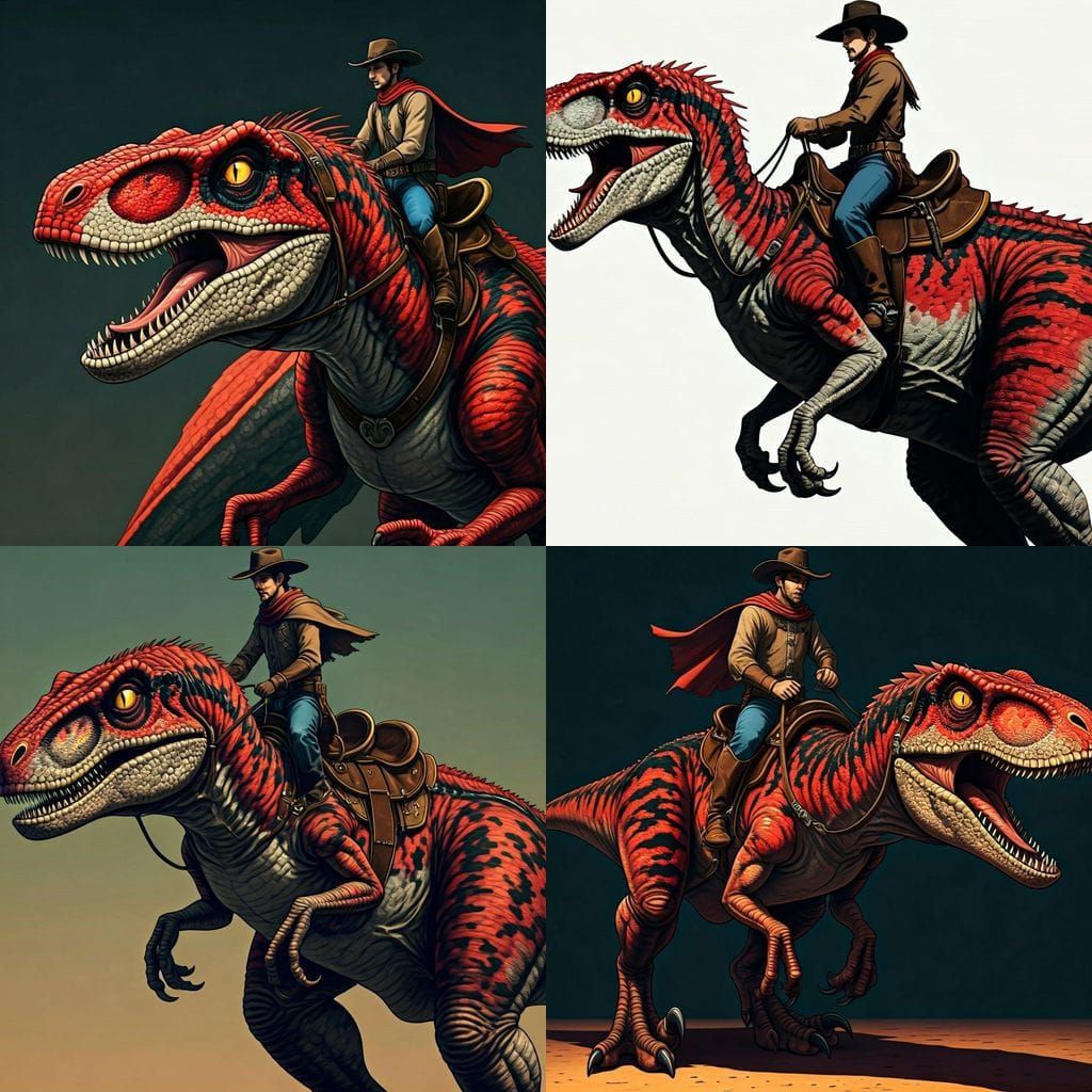 Cowboy Rides Utahraptor in Vibrant Anime Style