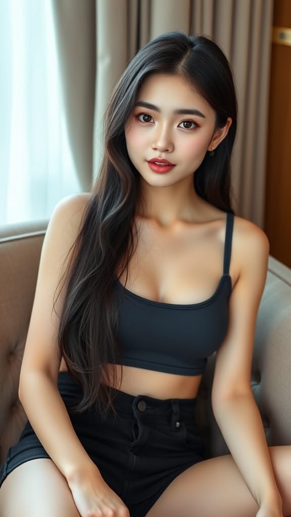 Beautiful Korean Woman in Crop Top and Jeans