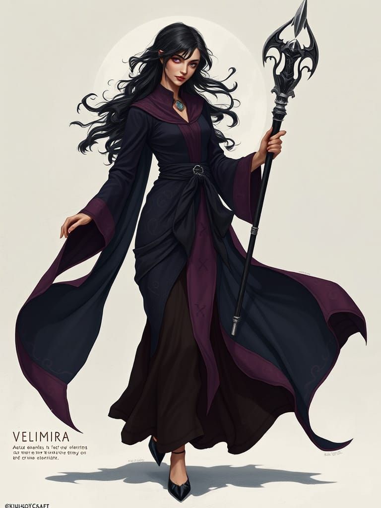 Mystical Woman with Obsidian Staff in Dreamlike Style