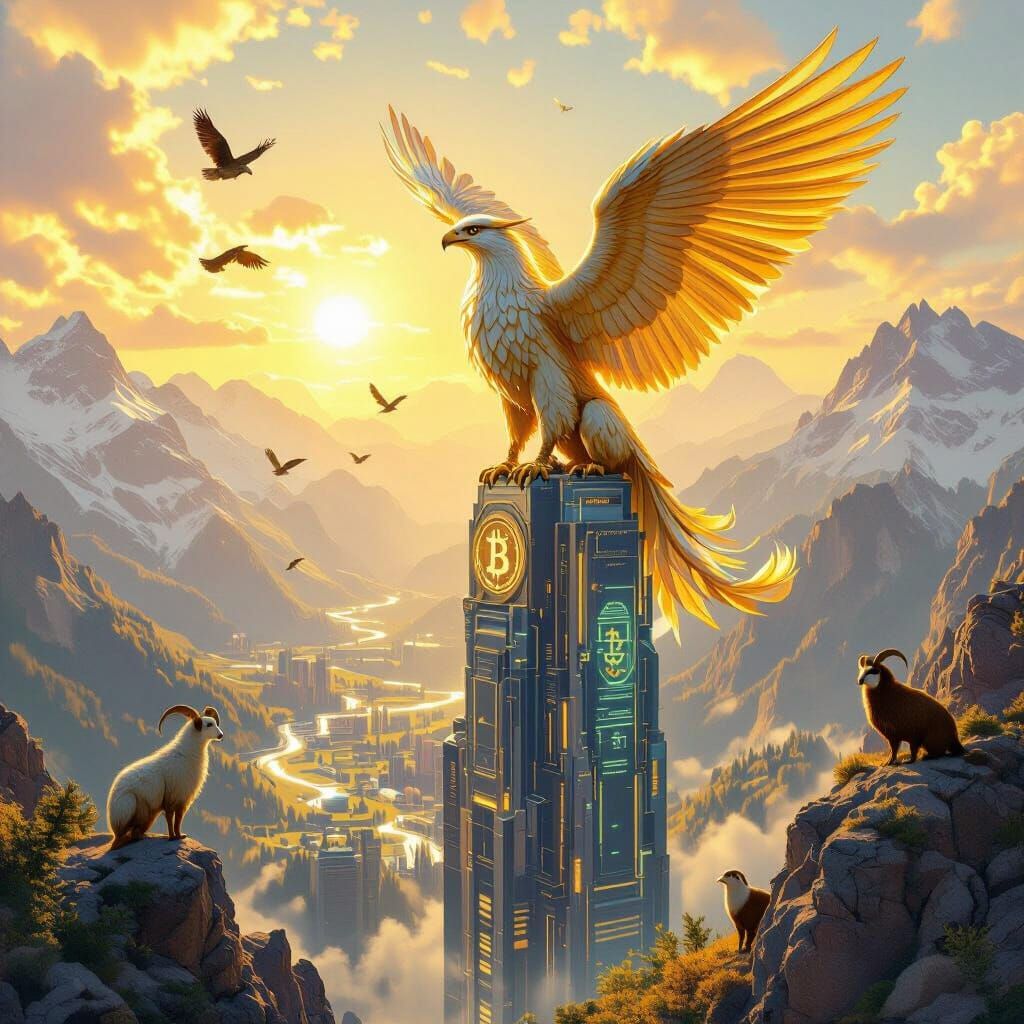 Golden Griffin Perched on Futuristic Skyscraper