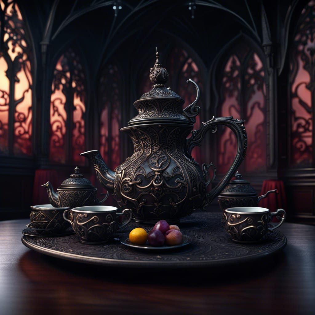 Ornate Gothic Tea Set in Photorealistic Style