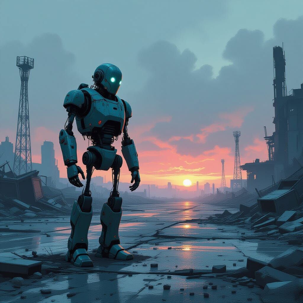 Weathered Robot in Ruined Spaceport