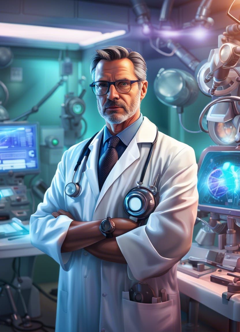 Handsome Doctor in Futuristic Clinic: Hyperrealistic Concept...